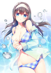 Rule 34 | 1girl, :o, armpit crease, bare shoulders, bikini, black hair, blue bikini, blue eyes, blue jacket, blush, breasts, bubble, caustics, checkered bikini, checkered clothes, cleavage, collarbone, commentary request, cowboy shot, floating hair, groin, gunp, hairband, highres, idolmaster, idolmaster cinderella girls, jacket, large breasts, long hair, long sleeves, looking at viewer, navel, off shoulder, open clothes, open jacket, parted lips, sagisawa fumika, sleeves past wrists, solo, standing, stomach, swimsuit, water, white background