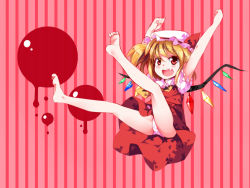 Rule 34 | 1girl, \o/, arms up, bare legs, barefoot, blonde hair, child, fang, feet, female focus, flandre scarlet, hat, highres, huangquan dong (sinchi), legs, outstretched arms, panties, red eyes, side ponytail, solo, striped, striped background, embodiment of scarlet devil, touhou, underwear, white panties, wings