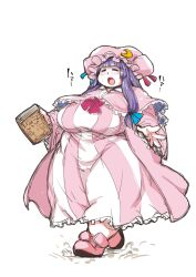 Rule 34 | ..., 1girl, blunt bangs, blush, book, breasts, bun cover, closed eyes, commentary, commentary request, crescent, crescent hat ornament, d:, double bun, dress, fat, full body, hair bun, hat, hat ornament, heavy breathing, hiro (h-net), huge breasts, long hair, long sleeves, mob cap, open hand, open mouth, outstretched arms, patchouli knowledge, pink dress, pink footwear, purple hair, shoes, sidelocks, simple background, solo, striped clothes, striped dress, sweat, touhou, translated, walking, white background, wide sleeves