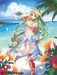 Rule 34 | 10s, 1girl, armlet, athena (luck &amp; logic), bare shoulders, beach, blue sky, braid, cloud, copyright name, day, floating island, flower, full body, green eyes, green hair, head wreath, hibiscus, jewelry, looking at viewer, luck &amp; logic, matching hair/eyes, midriff, navel, neck ring, ocean, official art, outdoors, petals, see-through, sky, solo, standing, umiu geso