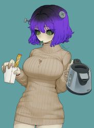 Rule 34 | 1girl, black sclera, blue background, blush, breasts, closed mouth, colored sclera, cowboy shot, cup, disposable cup, dress, electric kettle, fingernails, green eyes, highres, holding, indie virtual youtuber, kettle, large breasts, medium hair, mouth hold, object through head, podone, purple hair, ribbed sweater, screw in head, signature, simple background, slit pupils, solo, sparrowl, stained clothes, standing, stitched fingers, stitched neck, stitches, sweater, sweater dress, virtual youtuber