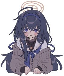 Rule 34 | 1girl, ahoge, black hair, blue archive, blush, brown cardigan, buttons, cardigan, hair between eyes, highres, jewelry, long hair, long sleeves, neckerchief, open mouth, pendant, purple eyes, purple neckerchief, sailor collar, saku (saku 3193), simple background, solo, ui (blue archive), upper body, white background, white sailor collar