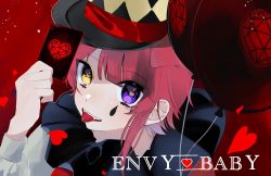 Rule 34 | 1boy, card, envy baby (vocaloid), fang, hat, heart, heterochromia, highres, hosizora (sparetime), male focus, playing card, purple eyes, red hair, rinu (stpri), short hair, solo, song name, strawberry prince, teardrop facial mark, teardrop tattoo, tongue, tongue out, top hat, vocaloid, yellow eyes