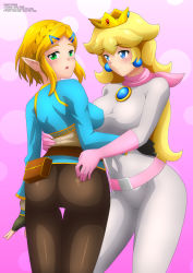 Rule 34 | 2girls, :3, absurdres, ass, belt, black gloves, black pants, blonde hair, blue eyes, blue shirt, blush, bodysuit, braid, breasts, bubble background, company connection, crossover, crown, earrings, fingerless gloves, from behind, gem, gloves, green eyes, hair ornament, hairclip, highres, jewelry, large breasts, long hair, long sleeves, looking at viewer, looking back, mario (series), mario kart, multiple girls, nintendo, open mouth, pants, pink background, pink belt, pink gloves, pink scarf, pointy ears, princess, princess peach, princess zelda, racing suit, scarf, shiny pants, shirt, short hair, smile, standing, super mario bros. 1, the legend of zelda, the legend of zelda: breath of the wild, trait connection, white bodysuit, yuri, zel-sama