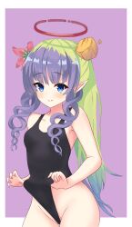 Rule 34 | 1girl, ameth (princess connect!), armpit crease, blue eyes, blue hair, braid, breasts, clothes pull, flower, green hair, hair flower, hair ornament, halo, highres, long hair, looking at viewer, medium breasts, one-piece swimsuit, pointy ears, ponytail, princess connect!, purple background, red halo, rgpv2273, school swimsuit, smile, swimsuit, twin braids
