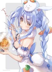 Rule 34 | 1girl, animal ear fluff, animal ears, blue hair, blush, bow, braid, breasts, brown eyes, carrot hair ornament, chopsticks, commentary request, creature on head, cup ramen, detached sleeves, don-chan (usada pekora), donbee (food), dress, eating, eyes visible through hair, food-themed hair ornament, food in mouth, hair between eyes, hair bow, hair ornament, highres, holding, holding chopsticks, hololive, long hair, looking at viewer, pekomon (usada pekora), rabbit-shaped pupils, rabbit ears, rabbit girl, rabbit tail, short eyebrows, short sleeves, shuri (84k), small breasts, symbol-shaped pupils, thick eyebrows, translation request, twin braids, twintails, twitter username, usada pekora, usada pekora (1st costume), virtual youtuber, white bow, white dress