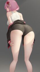 Rule 34 | 1girl, absurdres, alternate costume, alternate hairstyle, ass, ass focus, bare legs, black jacket, black shorts, blunt bangs, bob cut, breasts, clothes around waist, expressionless, flower, grabbing own thigh, grey background, hair flower, hair ornament, highres, hololive, hololive english, jacket, large breasts, looking at viewer, looking back, mori calliope, open clothes, open jacket, pink eyes, pink hair, short hair, shorts, simple background, solo, somebody (leiking00), standing, tank top, thighs, virtual youtuber, white tank top