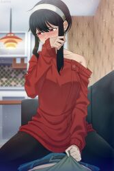 Rule 34 | 1boy, 1girl, black hair, blush, couch, girl on top, hairband, hetero, highres, indoors, pantyhose, rappa, red eyes, red sweater, short hair with long locks, solo focus, spy x family, sweater, white hairband, yor briar