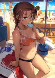 Rule 34 | 4girls, armband, ass, bad hands, beach, beach volleyball, bikini, bikini pull, blue eyes, blue sky, blush, bottle, breasts, brown hair, clothes pull, cloud, day, food, food in mouth, highres, horizon, jpeg artifacts, jumping, leg up, long hair, looking at viewer, md5 mismatch, medium breasts, mouth hold, multiple girls, navel, ocean, original, outdoors, popsicle, resolution mismatch, sand, shore, sketch, sky, solo focus, source larger, sports bikini, sportswear, standing, sweat, swimsuit, tan, tanline, tetsuo (amenohutikoma), volleyball net, volleyball uniform, water, water bottle