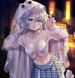 Rule 34 | 1girl, absurdres, armpits, arms up, bare shoulders, black nails, blue eyes, breasts, choker, claw pose, collarbone, eyeball, fang, ghost earrings, grey skirt, hair ornament, hairpin, halloween, highres, hood, jewelry, leg up, long sleeves, medium breasts, midriff, mole, mole under mouth, multicolored nails, nail polish, navel, off-shoulder shirt, off shoulder, open mouth, original, outdoors, plaid, plaid skirt, puffy sleeves, revision, ring, see-through, shirt, short hair, silver nails, skin fang, skirt, tied shirt, vitaminechan, watermark, white footwear, white hair, white shirt, x hair ornament