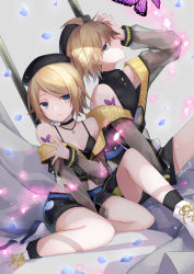 Rule 34 | 1boy, 1girl, ahoge, bare shoulders, beret, black legwear, blonde hair, breasts, brother and sister, bug, butterfly, butterfly tattoo, choker, dutch angle, ear piercing, half-closed eyes, hand on own head, hand on own shoulder, hat, highres, insect, kagamine len, kagamine rin, kneeling, kuroi (liar-player), light particles, looking at viewer, looking to the side, making-of available, migikata no chou (vocaloid), nail polish, parted lips, petals, piercing, purple butterfly, see-through, see-through sleeves, shoes, short hair, shorts, siblings, signature, sitting, small breasts, sneakers, socks, tattoo, twins, twitter username, vocaloid, yellow nails, zipper
