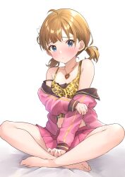 Rule 34 | 1girl, absurdres, ahoge, animal print, b1ack illust, bare legs, bare shoulders, barefoot, blue eyes, blush, breasts, brown hair, commentary, commission, cosplay, highres, idolmaster, idolmaster million live!, indian style, jacket, jacket partially removed, leopard print, looking at viewer, matoba risa, matoba risa (cosplay), midriff, miniskirt, pink jacket, pink skirt, pixiv commission, pleated skirt, print camisole, short twintails, simple background, sitting, skirt, small breasts, solo, suou momoko, toes, twintails, white background