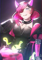 Rule 34 | 1girl, animification, apex legends, black background, black bodysuit, black collar, black headwear, black jacket, blush, bodysuit, breasts, cleavage, collar, collarbone, cyber punked wattson, eyepatch, head tilt, highres, hood, hooded jacket, horns, jacket, looking at viewer, mechanical arms, mechanical legs, medium breasts, nessie (respawn), official alternate costume, one eye covered, peso (honopesopeso), pink hair, single mechanical arm, sitting, solo, stuffed toy, tongue, tongue out, wattson (apex legends)