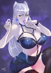 Rule 34 | 1girl, absurdres, bare shoulders, bikini, bikini top only, black thighhighs, blue skirt, bracelet, breasts, crossed legs, earrings, evelynn (league of legends), eyeshadow, fang, grey nails, halterneck, highres, jewelry, k/da (league of legends), k/da evelynn, large breasts, league of legends, long hair, looking to the side, makeup, miniskirt, nail polish, o-ring, pale skin, panties, parted lips, pink lips, pink panties, puzenketsu, saliva, signature, silver hair, sitting, skirt, slit pupils, strap, swimsuit, thighhighs, tongue, tongue out, underwear, yellow eyes