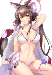 Rule 34 | 1girl, absurdres, animal ear fluff, animal ears, arm behind head, arm up, bare arms, bikini, blue archive, blush, bracelet, breasts, brown eyes, brown hair, collarbone, flower, fox ears, fox tail, hair flower, hair ornament, halo, halterneck, highres, jewelry, large breasts, long hair, looking to the side, multicolored hair, nail polish, navel, purple flower, sidelocks, simple background, sitting, skindentation, solo, stomach, streaked hair, swimsuit, tail, thigh strap, thighs, wakamo (blue archive), wakamo (swimsuit) (blue archive), white background, white bikini, yahan (mctr5253)