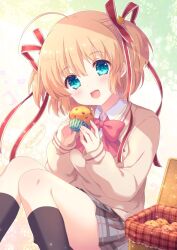 Rule 34 | 1girl, blonde hair, blue eyes, bow, commission, food, hair ribbon, kamikita komari, kousetsu, little busters!, muffin, open mouth, pink bow, ribbon, school uniform, short hair, skeb commission, skirt, smile, solo, twintails