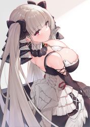 Rule 34 | 1girl, absurdres, asla yu, azur lane, bare shoulders, black ribbon, blush, breasts, choker, closed mouth, commentary request, detached sleeves, formidable (azur lane), from behind, hair ornament, hair ribbon, highres, large breasts, long hair, long sleeves, looking at viewer, looking back, purple eyes, ribbon, silver hair, simple background, solo, twintails, two-tone dress