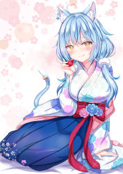 Rule 34 | :p, ahoge, alternate costume, alternate hairstyle, animal ears, blue hair, blush, breasts, cat ears, cat girl, cat tail, cup, flower, hair ornament, hairclip, highres, hololive, japanese clothes, kimono, large breasts, long hair, low twintails, sakazuki, sitting, solo, tail, tongue, tongue out, twintails, virtual youtuber, yellow eyes, yuano, yukihana lamy, yukihana lamy (new year)