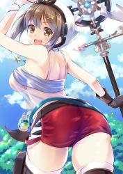 Rule 34 | 1girl, :d, atelier (series), atelier ryza, atelier ryza 1, blue sky, breasts, brown gloves, brown hair, brown thighhighs, cloud, commentary request, day, gloves, hair ornament, hairclip, hat, holding, holding staff, jewelry, kouzuki hajime, large breasts, looking at viewer, looking back, necklace, open mouth, red shorts, reisalin stout, see-through, short hair, short shorts, shorts, single glove, sky, smile, solo, staff, star (symbol), star necklace, thighhighs, thighs, white hat, white thighhighs