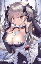 Rule 34 | 1girl, artist name, azur lane, between breasts, black bow, black nails, blush, bow, breasts, brown hair, cleavage, closed mouth, clothing cutout, commentary request, dress, earrings, fingernails, formidable (azur lane), frilled dress, frills, gem, hair bow, hands up, highres, jewelry, large breasts, long sleeves, looking at viewer, nail polish, red eyes, shoulder cutout, sleeves past wrists, solo, squchan, stud earrings, twintails, watermark, web address