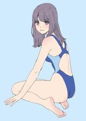 Rule 34 | 1girl, ass, barefoot, blunt bangs, breasts, brown hair, closed mouth, commentary request, competition swimsuit, from behind, full body, kneeling, looking at viewer, medium breasts, medium hair, one-piece swimsuit, original, peco (pockleberry), purple eyes, simple background, smile, soles, solo, swimsuit, toes