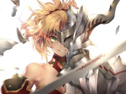 Rule 34 | 1girl, armor, bare shoulders, blonde hair, blood, blood from mouth, blurry, blurry foreground, braid, breasts, broken armor, clarent (fate), fate/apocrypha, fate/grand order, fate (series), french braid, green eyes, grin, hair ornament, hair scrunchie, highres, light trail, long hair, looking at viewer, mordred (fate), mordred (fate/apocrypha), nasaniliu, nosebleed, one eye covered, open mouth, ponytail, red scrunchie, scrunchie, simple background, smile, solo, teeth, white background