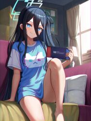 Rule 34 | 1girl, absurdly long hair, aris (blue archive), barefoot, black hair, black hairband, blue archive, blue eyes, blue shirt, blurry, blurry background, blush, closed mouth, collarbone, curtains, foot out of frame, green halo, hairband, halo, handheld game console, highres, holding, holding handheld game console, indoors, long hair, looking at viewer, melreon, nintendo switch, one side up, ringed eyes, shirt, short sleeves, sitting, smile, solo, very long hair, window