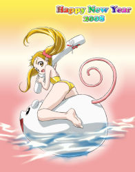 Rule 34 | 00s, 1girl, 2008, animal, ass, barefoot, blonde hair, feet, female focus, full body, gradient background, hajime (caramel toone), kasugano urara (yes! precure 5), looking back, mouse (animal), new year, one-piece swimsuit, pool toy, precure, rainbow text, smile, solo, swimsuit, twintails, water, yellow eyes, yes! precure 5