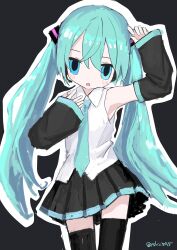 Rule 34 | 1girl, absurdres, aqua eyes, aqua hair, aqua necktie, arm up, black background, black skirt, black thighhighs, collared shirt, commentary, cowboy shot, detached sleeves, expressionless, hair ornament, half-closed eyes, hand up, hatsune miku, headphones, highres, light blush, long hair, looking at viewer, microphone, miku day, necktie, open mouth, outline, pleated skirt, shii595, shirt, simple background, skirt, sleeveless, sleeveless shirt, solo, thighhighs, twintails, twitter username, vocaloid, white outline, white shirt, zettai ryouiki