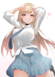 Rule 34 | 1girl, absurdres, arms up, arurire, blonde hair, blue necktie, blue skirt, breasts, collar, commentary request, dress shirt, ear piercing, grin, heart, heart hands, highres, kitagawa marin, large breasts, long hair, long sleeves, looking at viewer, necktie, piercing, pink eyes, school uniform, shirt, simple background, skirt, sleeves rolled up, smile, solo, sono bisque doll wa koi wo suru, tied shirt, white background, white shirt