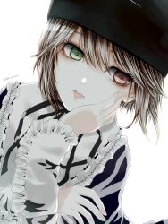 Rule 34 | 1girl, black hat, black ribbon, brown hair, dress, expressionless, frilled sleeves, frills, green eyes, hand on own cheek, hand on own face, hat, heterochromia, highres, kiru (m putorius), looking to the side, neck ribbon, red eyes, ribbon, rozen maiden, short hair, simple background, solo, souseiseki, upper body, white background
