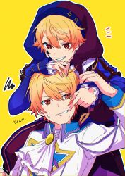 Rule 34 | 2boys, absurdres, arm up, ascot, blonde hair, blue jacket, dual persona, frilled sleeves, frills, hat, highres, jacket, jester cap, long sleeves, multiple boys, notice lines, orange eyes, project sekai, red eyes, shirt, simple background, smile, taro14 tea, ten no hate no phoenix e (project sekai), tenma tsukasa, upper body, white ascot, white jacket, white shirt, wing collar, yellow background