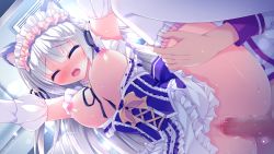 Rule 34 | 1girl, animal ears, arms up, blunt bangs, blush, bow, bowtie, breasts, bridal garter, buttons, cat ears, censored, center frills, closed eyes, corset, dress, eyebrows, frilled sleeves, frills, game cg, grey hair, hair ribbon, hanging breasts, indoors, large breasts, leg lift, long hair, maid, maid headdress, mosaic censoring, nae-nae, nekodomari makoto, nipples, penis, purple dress, pussy juice, ribbon, rokudou itsuki, short sleeves, spread legs, thighhighs, unbuttoned, very long hair, wan nyan a la mode!, wince, yellow bow, yellow bowtie