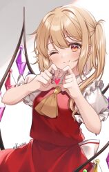 Rule 34 | 1girl, absurdres, ascot, back bow, blonde hair, blush, bow, closed mouth, collared shirt, cowboy shot, crystal, fingernails, flandre scarlet, frilled shirt collar, frilled sleeves, frills, haruki (colorful macaron), head tilt, heart, heart hands, highres, large bow, long hair, looking at viewer, multicolored wings, no headwear, one eye closed, one side up, own hands together, puffy short sleeves, puffy sleeves, red eyes, red skirt, red vest, shirt, short sleeves, simple background, skirt, skirt set, smile, solo, touhou, twitter username, vest, white background, white bow, white shirt, wings, yellow ascot