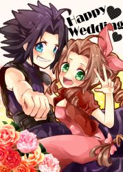 Rule 34 | 1990s (style), 1boy, 1girl, aerith gainsborough, black hair, blue eyes, bow, brown hair, clenched hand, commentary request, couple, crisis core final fantasy vii, dress, english text, final fantasy, final fantasy vii, flower, green eyes, grin, hair bow, hair ribbon, heart, inazume-panko, long hair, looking at viewer, open mouth, parted lips, pink bow, pink dress, pinko (inazume-panko), ribbon, smile, spiked hair, v, zack fair