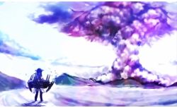 Rule 34 | 10s, 1girl, explosion, gradient background, haruna (kancolle), kantai collection, lowres, mountain, mushroom cloud, nuclear explosion, nuclear weapon, solo, sowamame, water, weapon of mass destruction, world war ii