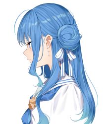 Rule 34 | 1girl, absurdres, blue eyes, blue hair, blue neckerchief, closed mouth, earrings, from side, hair bun, hair ribbon, highres, hololive, hoshimachi suisei, hoshimachi suisei (school uniform), jewelry, long hair, looking away, neckerchief, portrait, profile, ribbon, rinfamm, sailor collar, shirt, sidelocks, simple background, solo, virtual youtuber, white background, white ribbon, white sailor collar, white shirt