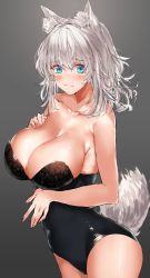 Rule 34 | 1girl, animal ear fluff, animal ears, bare arms, bare shoulders, black leotard, blue eyes, blush, breasts, cleavage, collarbone, commentary request, cowboy shot, gradient background, grey background, hair between eyes, highres, large breasts, leotard, long hair, looking at viewer, moruchi (rinaka moruchi), nontraditional playboy bunny, original, playboy bunny, silver hair, solo, standing, strapless, strapless leotard, tail, wolf ears, wolf tail