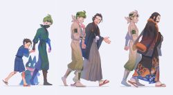 Rule 34 | 2boys, absurdres, age progression, aged down, beni (pokemon), boots, brown footwear, brown hair, commentary request, creatures (company), facial hair, from side, game freak, gen 4 pokemon, green hair, green jacket, green pants, grey hakama, hakama, hakama skirt, highres, jacket, jacket on shoulders, japanese clothes, kamado (pokemon), knees, male focus, mask, meipu hm, mouth mask, multiple boys, munchlax, mustache, nintendo, open mouth, pants, pokemon, pokemon (creature), pokemon legends: arceus, sandals, short hair, skirt, standing, tabi, teeth, wave print