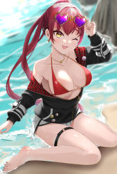 Rule 34 | 1girl, absurdres, arm up, barefoot, beach, blush, breasts, cleavage, earrings, eyewear on head, fang, feet, heart, heart-shaped eyewear, heart earrings, heart necklace, highres, hololive, houshou marine, houshou marine (summer), jacket, jewelry, long hair, necklace, nekokusa5, o-ring, o-ring thigh strap, one eye closed, open clothes, open mouth, red hair, sand, smile, sunglasses, swimsuit, thigh strap, virtual youtuber, water, yellow eyes