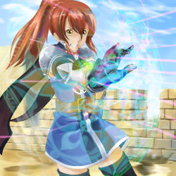 00s 1girl armor belt elbow_gloves gloves hisca_aiheap long_hair magic orange_hair ponytail sword tales_of_(series) tales_of_vesperia tales_of_vesperia:_the_first_strike thighhighs weapon yellow_eyes