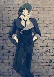 Rule 34 | 1boy, against wall, artist name, black jacket, brick wall, collared shirt, cowboy bebop, dated, feet out of frame, grey theme, hands in pockets, jacket, male focus, monochrome, necktie, shirt, short hair, sleeves past elbows, smoking, sorashiro (sky x space), spike spiegel