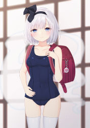 Rule 34 | 1girl, backpack, bag, black hairband, black one-piece swimsuit, black ribbon, blue eyes, blush, breasts, closed mouth, collarbone, commission, cowboy shot, hair ribbon, hairband, highres, konpaku youmu, konpaku youmu (ghost), looking at viewer, one-piece swimsuit, pixiv commission, purin jiisan, randoseru, ribbon, school swimsuit, short hair, silver hair, small breasts, smile, solo, swimsuit, thighhighs, touhou, white thighhighs