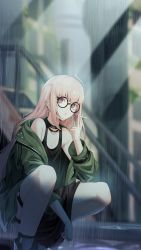 Rule 34 | 1girl, :o, absurdres, black choker, black shirt, black skirt, blonde hair, blurry, blurry background, breasts, candy, choker, clothes pull, cross, cross earrings, ear piercing, earrings, food, foot out of frame, girls&#039; frontline, glasses, green jacket, highres, holding, holding candy, holding food, holding lollipop, jacket, jacket pull, jewelry, lollipop, long hair, looking at viewer, official alternate costume, open clothes, open jacket, open mouth, piercing, rain, red eyes, ring, round eyewear, seo garam, shirt, sidelocks, sitting, skirt, small breasts, solo, type 80 (girls&#039; frontline), type 80 (steel butterfly) (girls&#039; frontline), water drop
