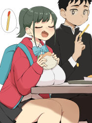 Rule 34 | 1boy, 1girl, absurdres, backpack, bag, black hair, black skirt, blue bow, blue bowtie, blush, bow, bowtie, boyfriend (yoru mac), breasts, burger, commentary request, fang, food, french fries, girlfriend (yoru mac), green hair, highres, holding, holding food, large breasts, long sleeves, mcdonald&#039;s, minggoo, open mouth, ponytail, product girl, school uniform, shirt, short hair, simple background, sitting, skirt, thighs, white background, white shirt, yoru mac