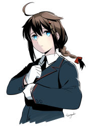Rule 34 | 1girl, ahoge, artist name, black necktie, blue eyes, braid, brown hair, buttoned cuffs, buttons, chagen kokimu, closed mouth, collared shirt, cropped torso, formal, gloves, hair flaps, kantai collection, long hair, long sleeves, necktie, shigure (kancolle), shigure kai ni (kancolle), shirt, signature, simple background, single braid, solo, suit, upper body, white background, white gloves, white shirt