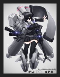 Rule 34 | 10s, 1girl, absurdres, akitsu maru (kancolle), black hair, cannon, character name, gradient background, gun, hat, highres, kantai collection, lights, ninja neco, outstretched arm, outstretched hand, power-up, solo, weapon