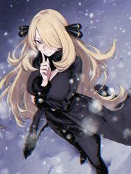 1girl absurdres black_dress black_eyes blonde_hair breasts cleavage creatures_(company) cynthia_(pokemon) dress fur_wrist_cuffs game_freak hair_ornament hair_over_one_eye highres kasmin0525 long_hair neck_fur nintendo pokemon pokemon_(creature) pokemon_dppt smile solo very_long_hair wrist_cuffs