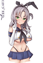 Rule 34 | 1girl, absurdres, antenna hair, black hairband, black neckerchief, black panties, blue sailor collar, blue skirt, breasts, cosplay, cowboy shot, crop top, elbow gloves, gloves, green eyes, grey hair, hairband, highleg, highleg panties, highres, kantai collection, kinugasa (kancolle), kinugasa kai ni (kancolle), large breasts, licking lips, long hair, looking at viewer, microskirt, navel, neckerchief, one side up, panties, pleated skirt, sailor collar, shimakaze (kancolle), shimakaze (kancolle) (cosplay), skirt, smile, solo, standing, striped clothes, striped thighhighs, tf cafe, thighhighs, thong, tongue, tongue out, underwear, white gloves