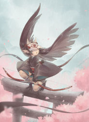 Rule 34 | 1girl, arrow (projectile), artist name, bow (weapon), cherry blossoms, covered eyes, dated, feathered wings, harpy, head wings, highres, holding, holding bow (weapon), holding weapon, horns, iimia, kneeling, long hair, monster girl, obi, on one knee, original, pointy ears, quiver, rain, sash, shorts, solo, talons, torii, weapon, wide sleeves, wings, yumi (bow)